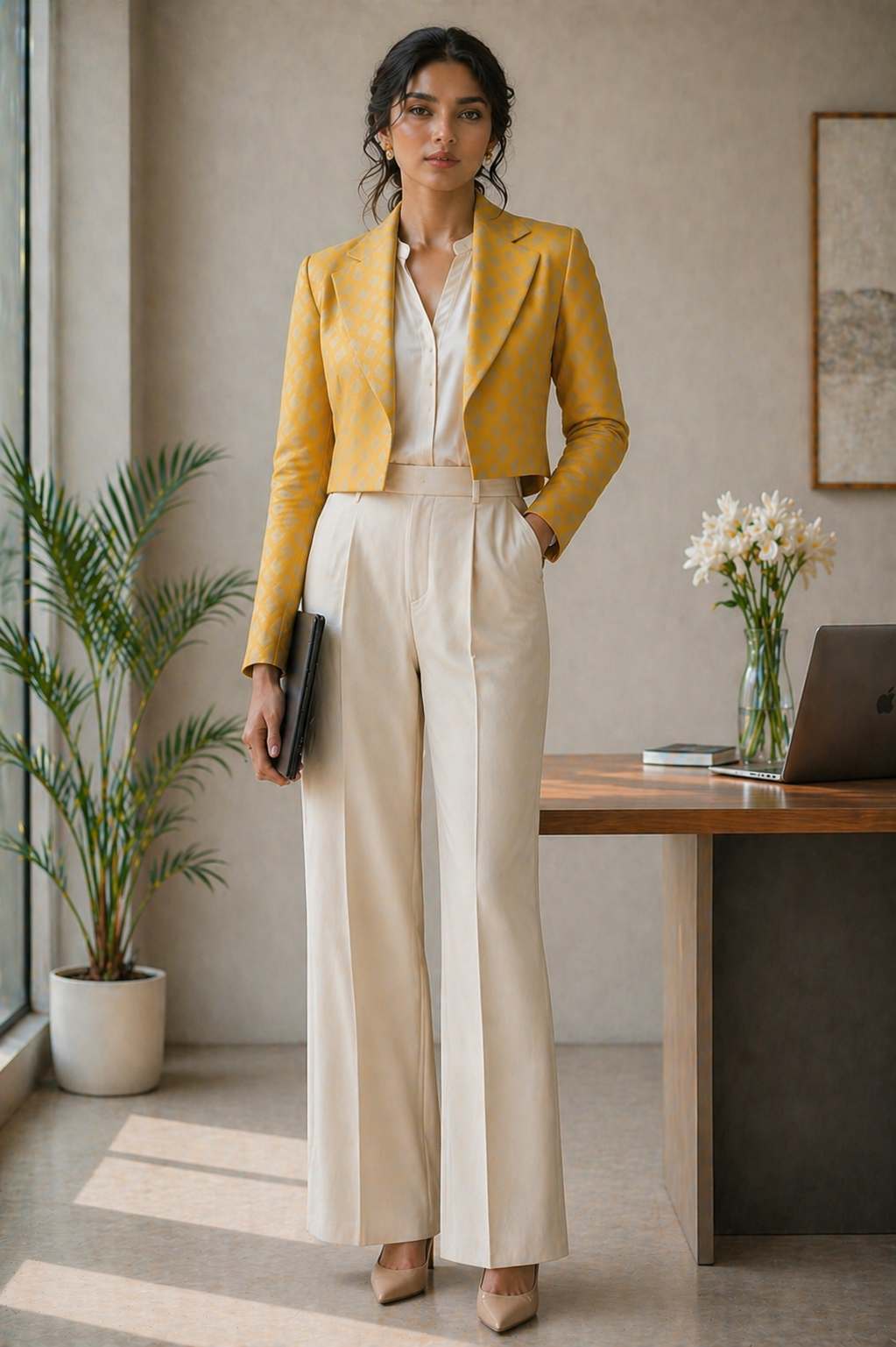 Full-length front view of a professional woman posing with one hand in her pocket and a folder in the other, standing in a bright, modern office setting with a wooden desk and potted palm in the background, wearing the Gold Jacquard Cropped Blazer styled over a cream-colored button-up blouse and paired with high-waisted, wide-leg off-white pleated trousers and nude pointed pumps.