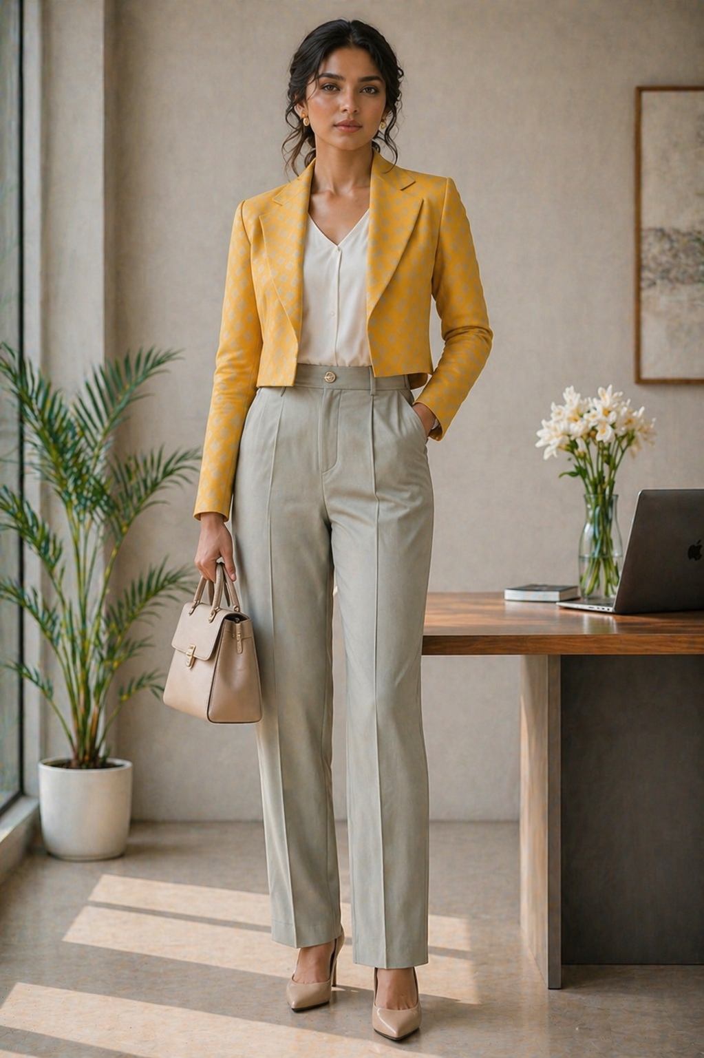 Full-length front view of a professional woman posing in a bright, modern office setting with a large window, potted palm, and wooden desk in the background, wearing the Gold Jacquard Cropped Blazer featuring a structured, short silhouette with sharp lapels and a subtle self-patterned texture, layered over a white V-neck blouse and paired with high-waisted pleated beige trousers, nude pointed pumps, and a classic beige handbag.