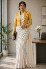 Full-length front view of a professional woman standing in a bright, modern office setting with a wooden desk, laptop, and potted palm in the background, wearing the Gold Jacquard Cropped Blazer styled creatively as a blouse over an elegant, off-white georgette saree with fine pleats and a flowing pallu, while holding a sleek black clutch.