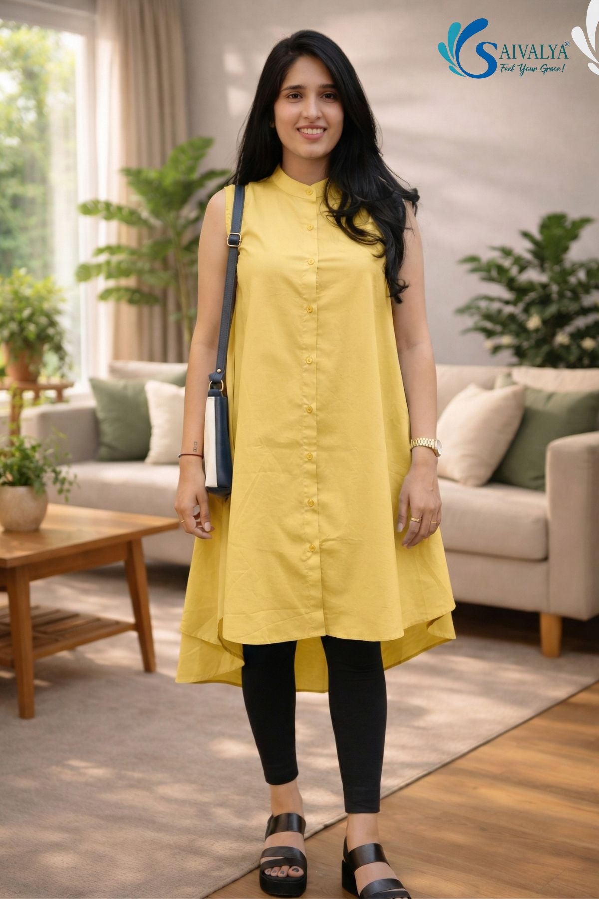Full-length front view of a smiling woman standing in a cozy living room setting with a sofa and plants, wearing the Ira Mustard High-Low Kurta featuring a yellow sleeveless button-down design with a mandarin collar and an asymmetric high-low hemline, paired with black leggings and black strap sandals.