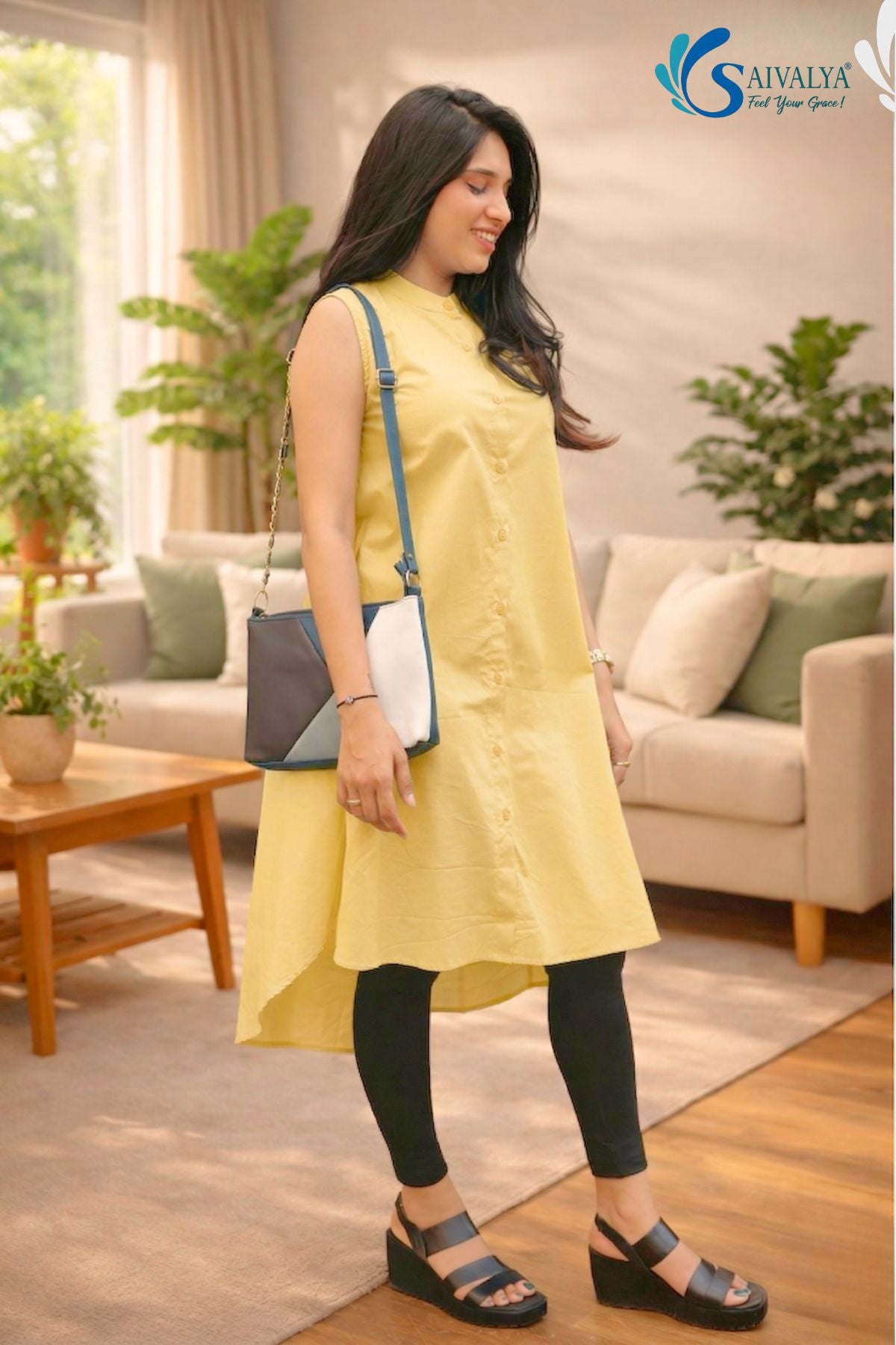 Full-length three-quarter side view of a smiling woman posing in a cozy living room setting with a sofa and plants, wearing the Ira Mustard High-Low Kurta showcasing the asymmetric high-low hemline of the yellow sleeveless button-down kurta, paired with black leggings, black strap sandals, and a blue, grey, and white color-blocked sling bag.