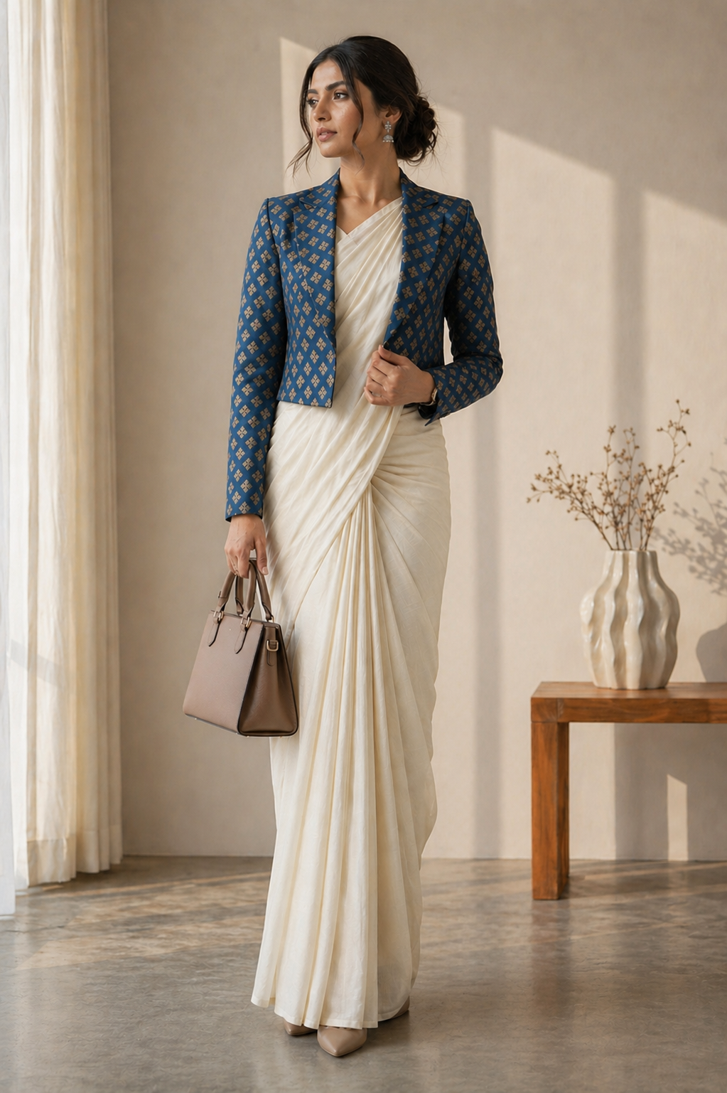 Full-length front view of a woman looking to the side in a minimalist room, wearing the Marine Teal Cropped Blazer over an off-white pleated saree, featuring a structured fit, sharp lapels, and an all-over golden geometric motif print, paired with a brown leather handbag.