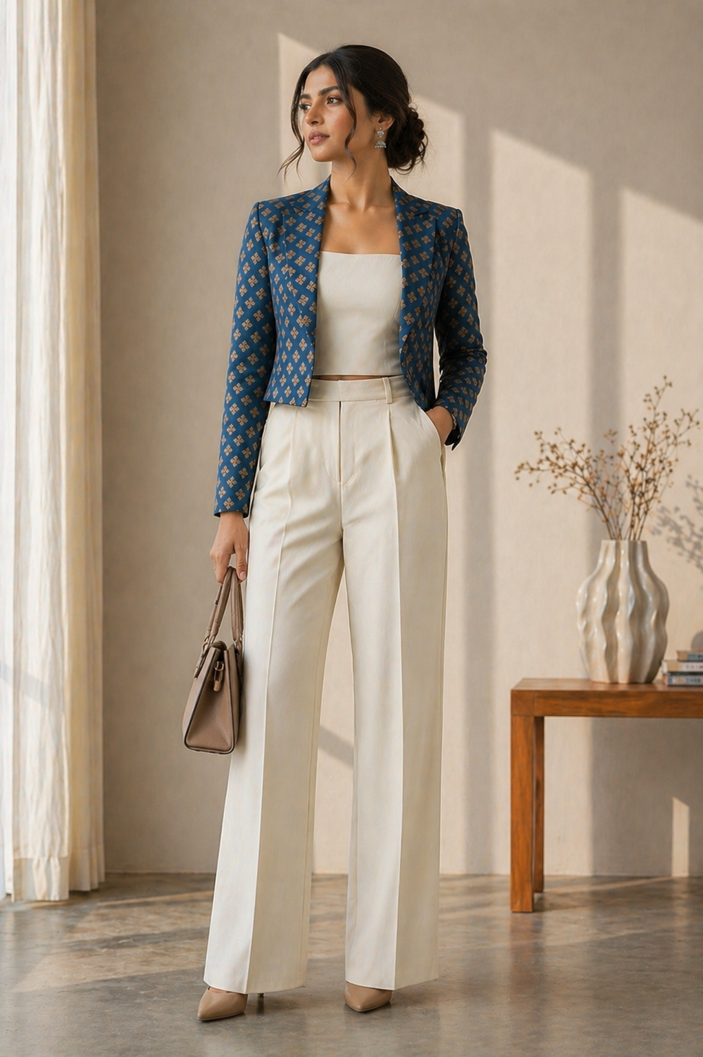 Full-length front view of a woman posing with one hand in her pocket, wearing the Marine Teal Cropped Blazer layered over an off-white crop top and matching high-waisted pleated wide-leg trousers, completed with a golden geometric motif print and a brown handbag.