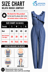 Product size chart for the Nilaya Indigo Jumpsuit, featuring a measurement table for sizes S to XL, measurement guide diagrams for bust, waist, hip, and arm hole, and a 3D product render of the blue sleeveless indigo jumpsuit with an asymmetric ruffled neckline and an elasticated waist.