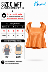 Product size chart for the Ojasvi Shoulder-Tie Peplum, featuring a measurement table for sizes S to XL, measurement guide diagrams for bust and length, and a 3D product render of the orange sleeveless top with shoulder tie-up knots.