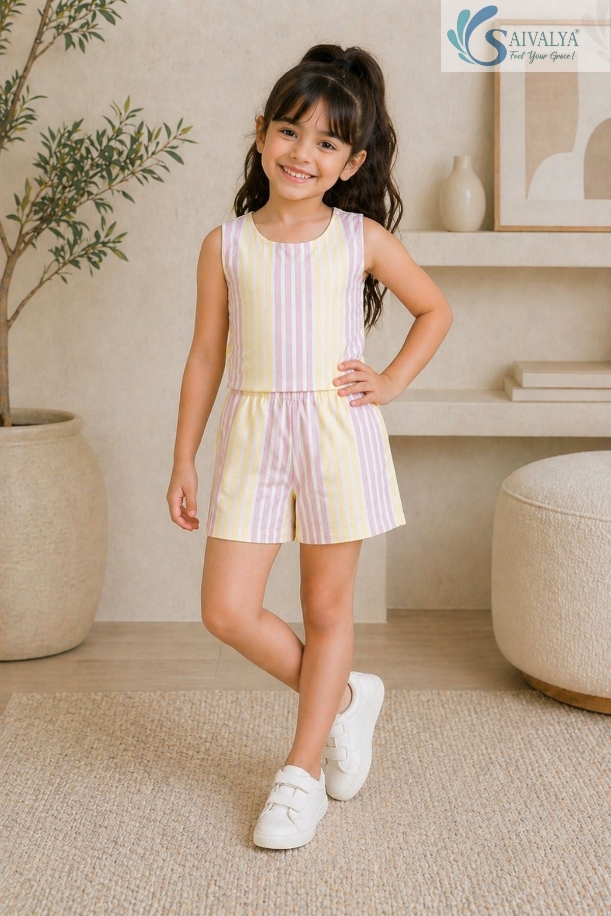 Young girl posing with hand on hip wearing the Pastel Harmony Stripe Co-ord set featuring a sleeveless striped top and matching shorts in pastel pink, yellow, and white.