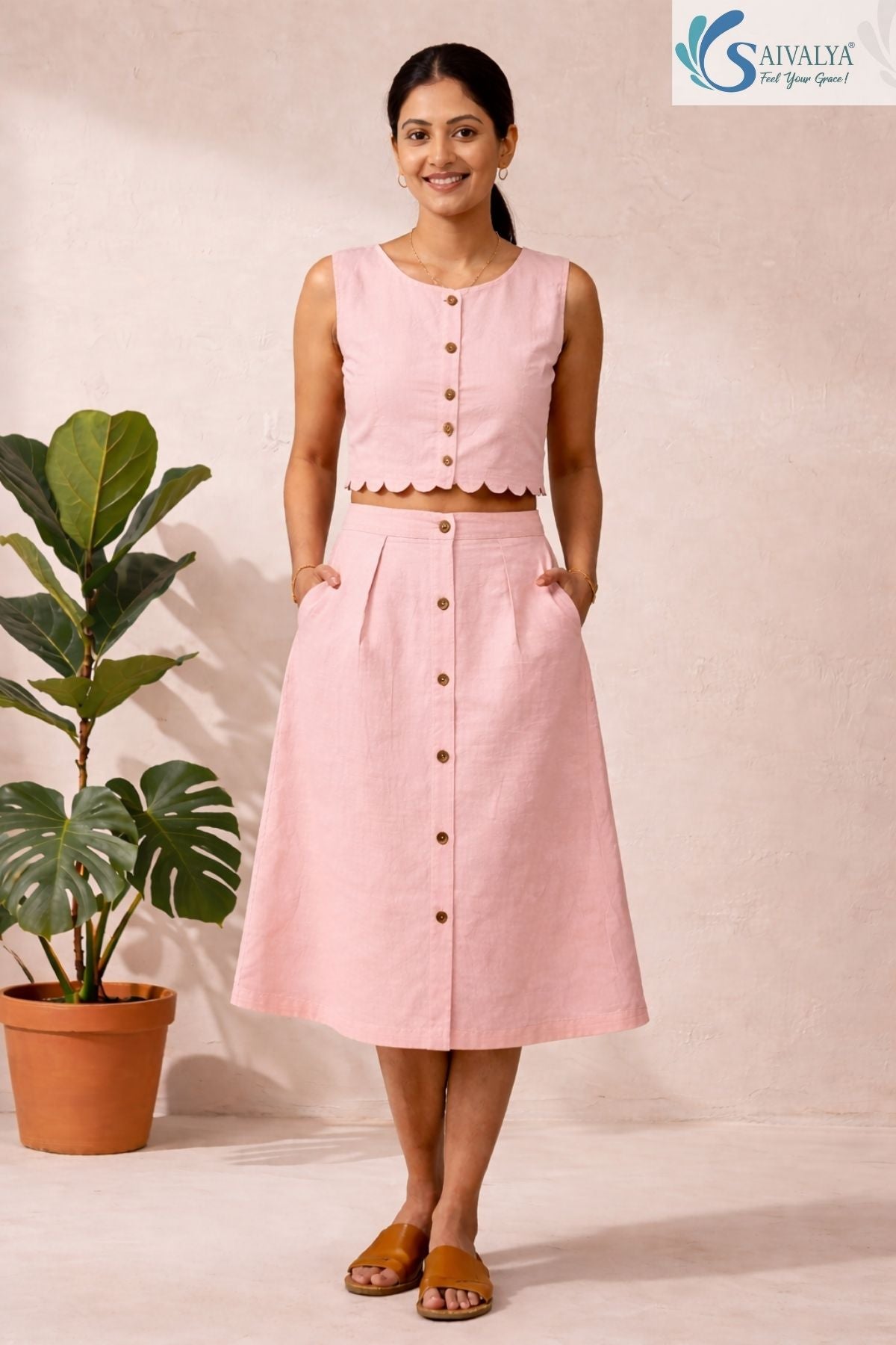 Full-length front view of a smiling woman standing with her hands in her pockets in a bright, minimalist indoor studio setting with a potted fiddle-leaf fig plant in the background, wearing The Petal-Cut Cotton Co-Ord Set featuring a sleeveless powder pink cotton crop top with a round neckline, front button-down closure, and a delicate scalloped petal-cut hemline, paired with a matching high-waisted, A-line midi skirt with front pleating, side pockets, and a continuous vertical button placket down the cente