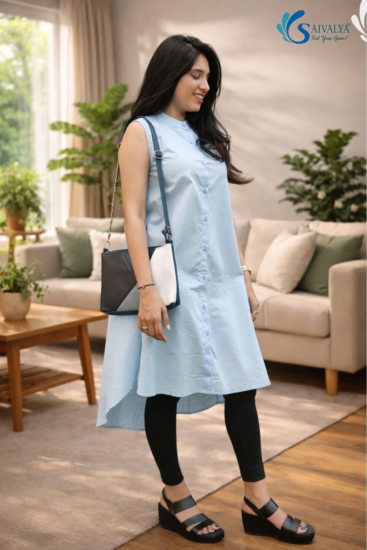 side view of a woman wearing Saivalya's powder sky blue organic cotton sleeveless tunic with a high-low hem and mandarin collar, paired with black leggings.