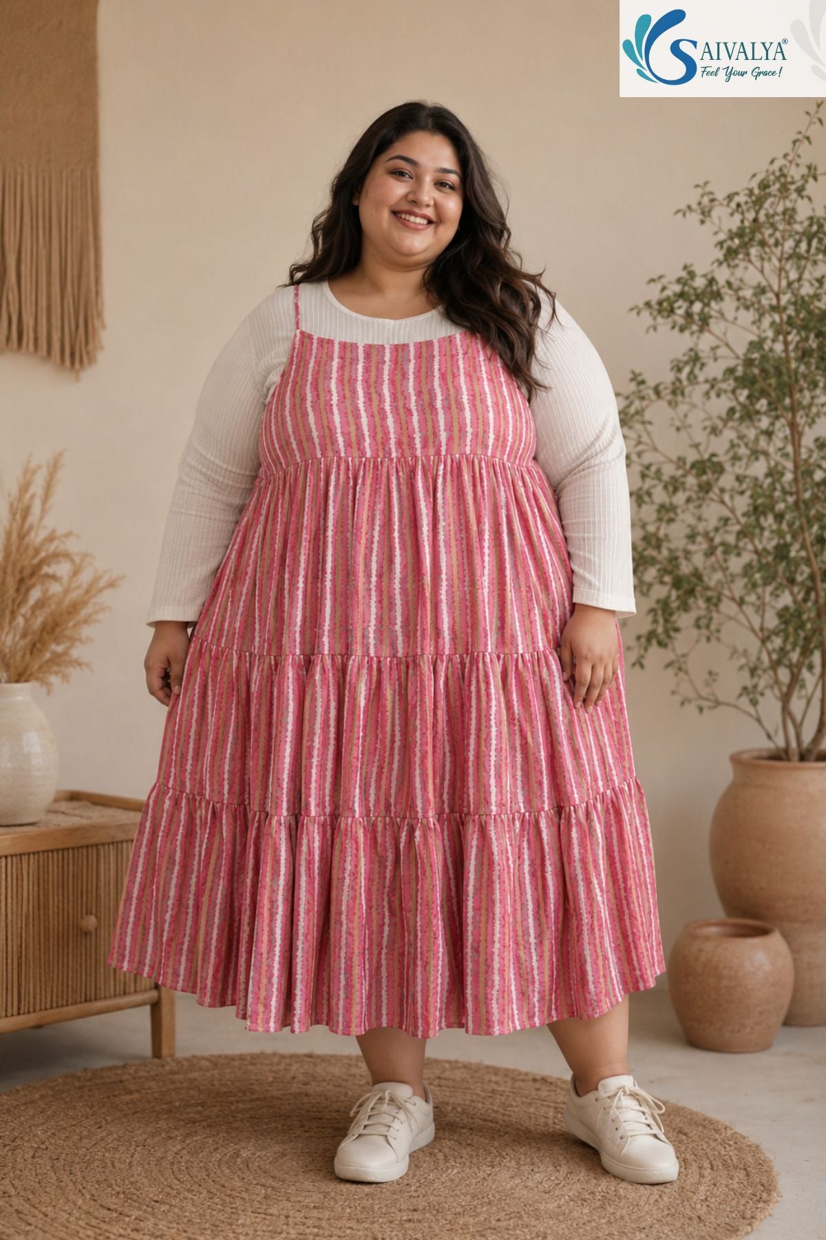 Full-length front view of a smiling woman standing on a round jute rug in a warm bohemian room, wearing the Raspberry Striped Tiered Midi Dress featuring a pink striped tiered flared skirt and thin straps, layered over a ribbed off-white long-sleeve top, completed with white sneakers.