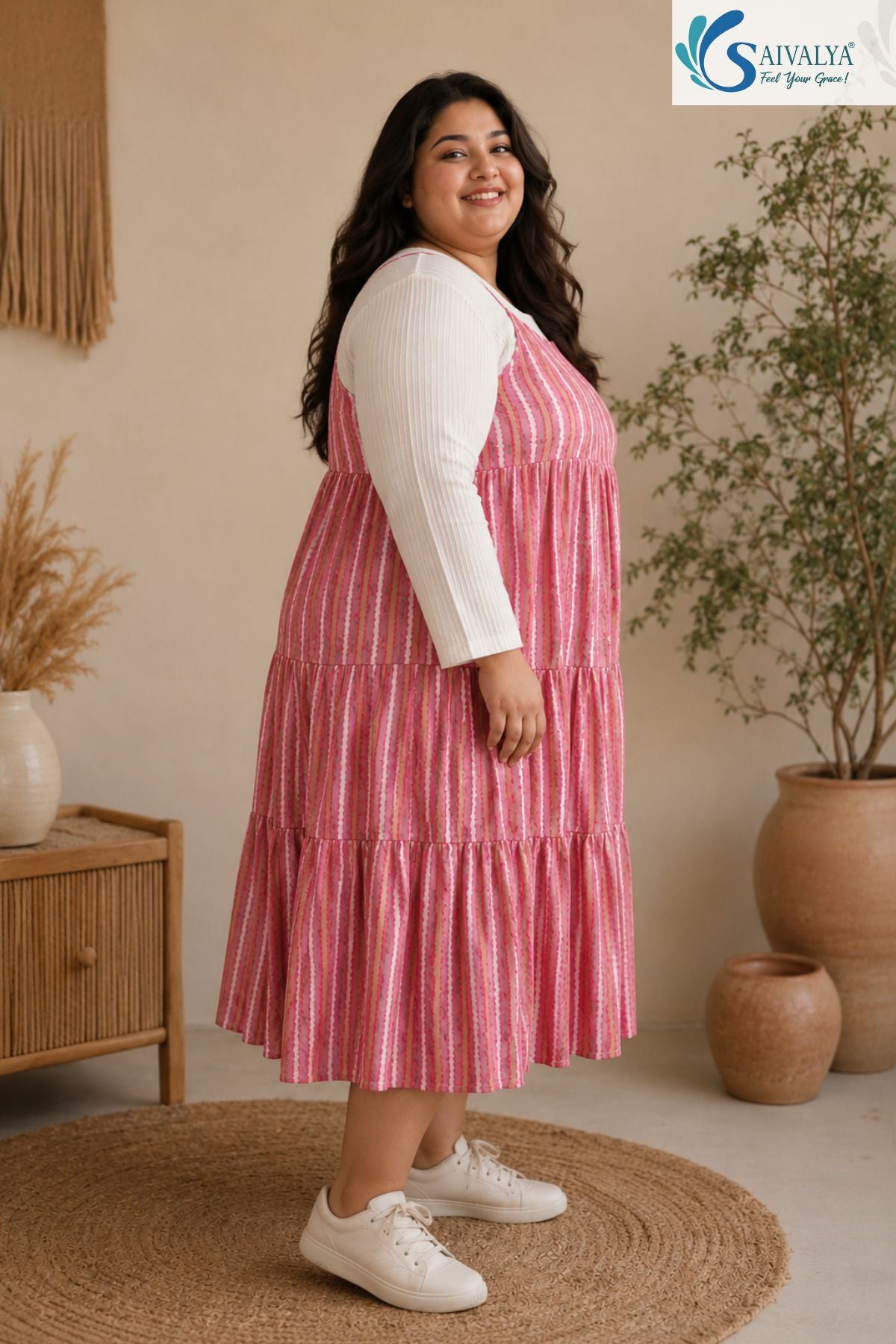 Side view of a smiling woman standing on a round jute rug in a cozy bohemian room, wearing the Raspberry Striped Tiered Midi Dress layered over a ribbed off-white long-sleeve top, highlighting the tiered flared silhouette of the pink striped skirt, paired with white sneakers.