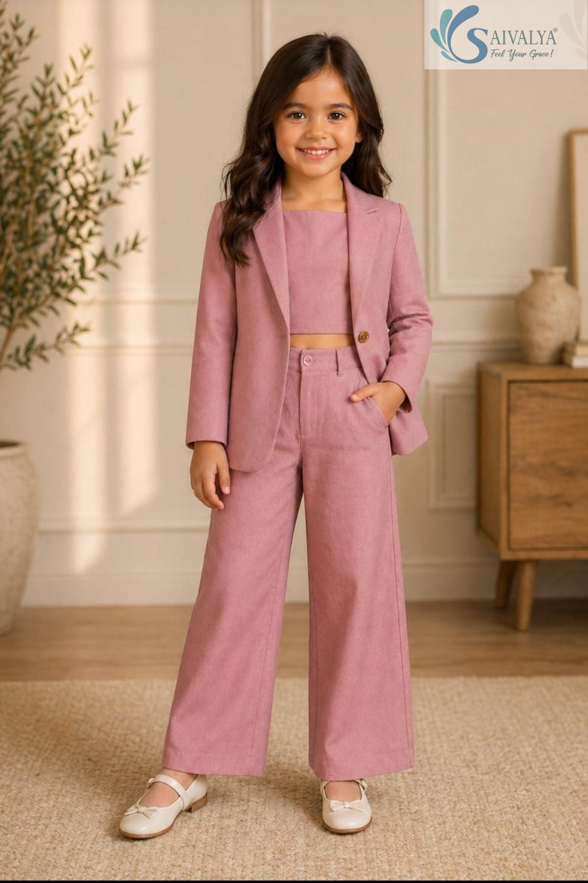 Young girl smiling with her hand in her pocket, wearing the Rose Bloom 3-Piece Set featuring a mauve pink blazer layered over a matching crop top and wide-leg trousers.