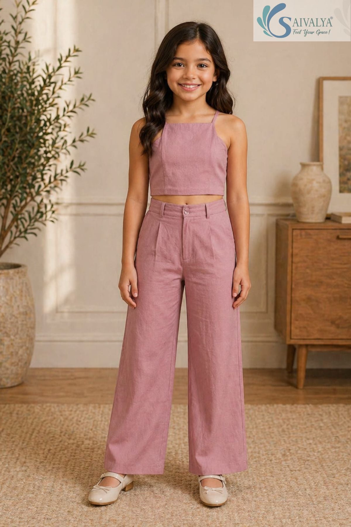 Front view of a smiling young girl wearing the Rose Bloom set without the blazer, showing the mauve pink crop top with square neckline and matching wide-leg trousers.