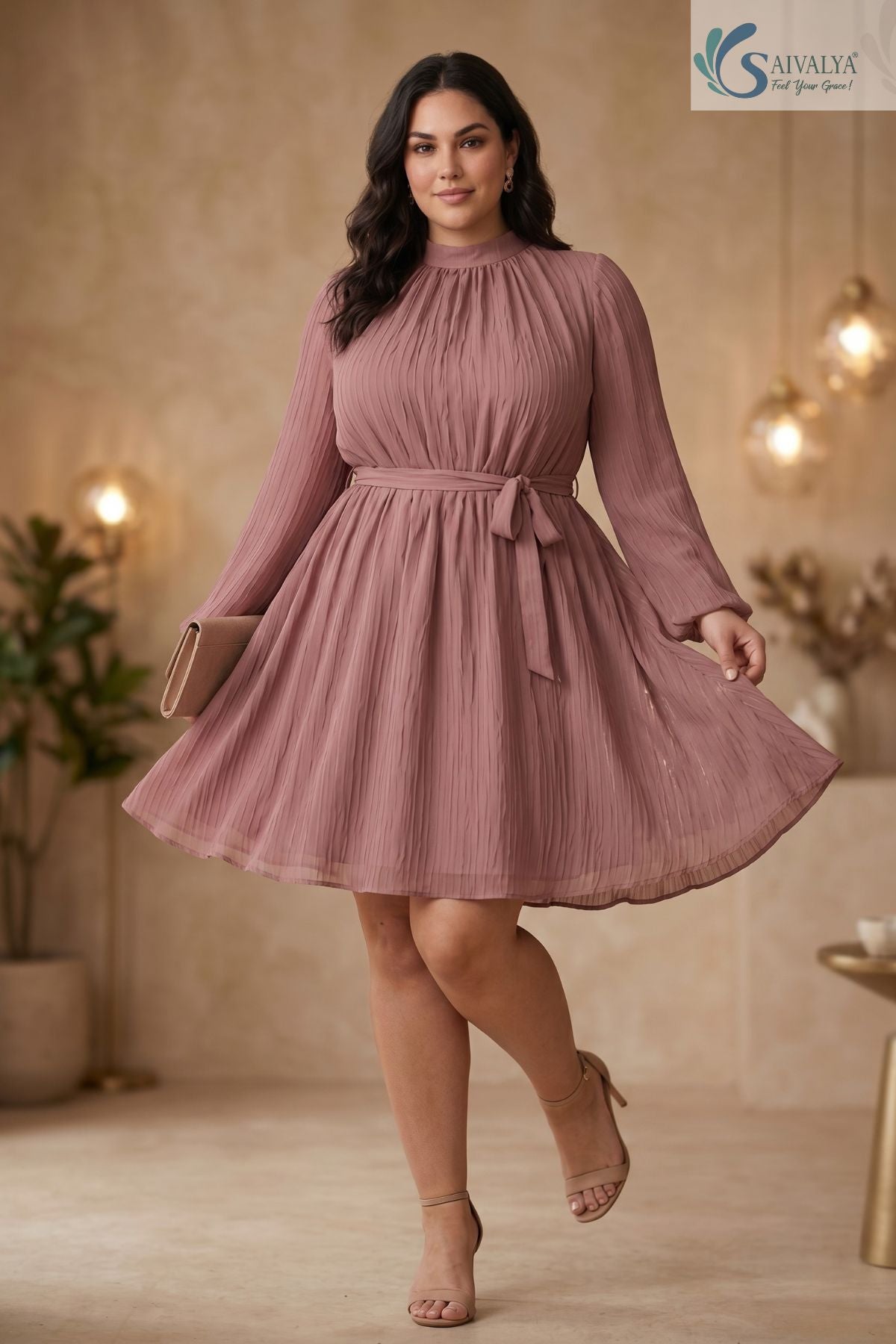 Full-length front view of a woman standing gracefully with legs crossed and holding the hem of her skirt, wearing the rosewood Pleated Muse Dress featuring a high neck, crinkle pleating, long balloon sleeves, and a self-tie belt.