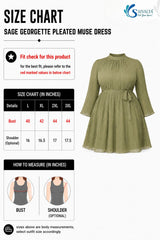 Product size chart for the Sage Georgette Pleated Muse Dress, featuring a measurement table for plus sizes L to 3XL, measurement guide diagrams for bust and shoulder, and a 3D product render of the olive-sage green dress showcasing its high mock neckline, plissé pleated body, long sleeves, and matching fabric waist tie.