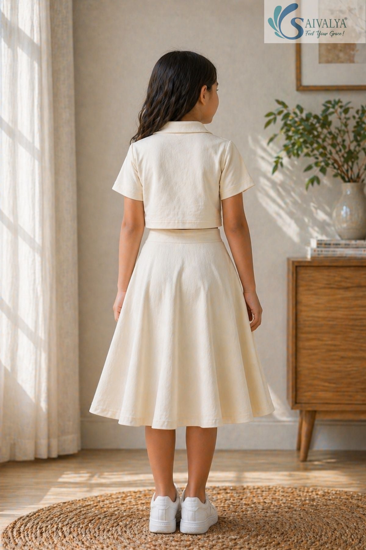 Back view of a young girl standing in a room, wearing a cream Slub Cotton Co-ord set featuring a short-sleeve crop shirt and a matching flared midi skirt paired with white sneakers.