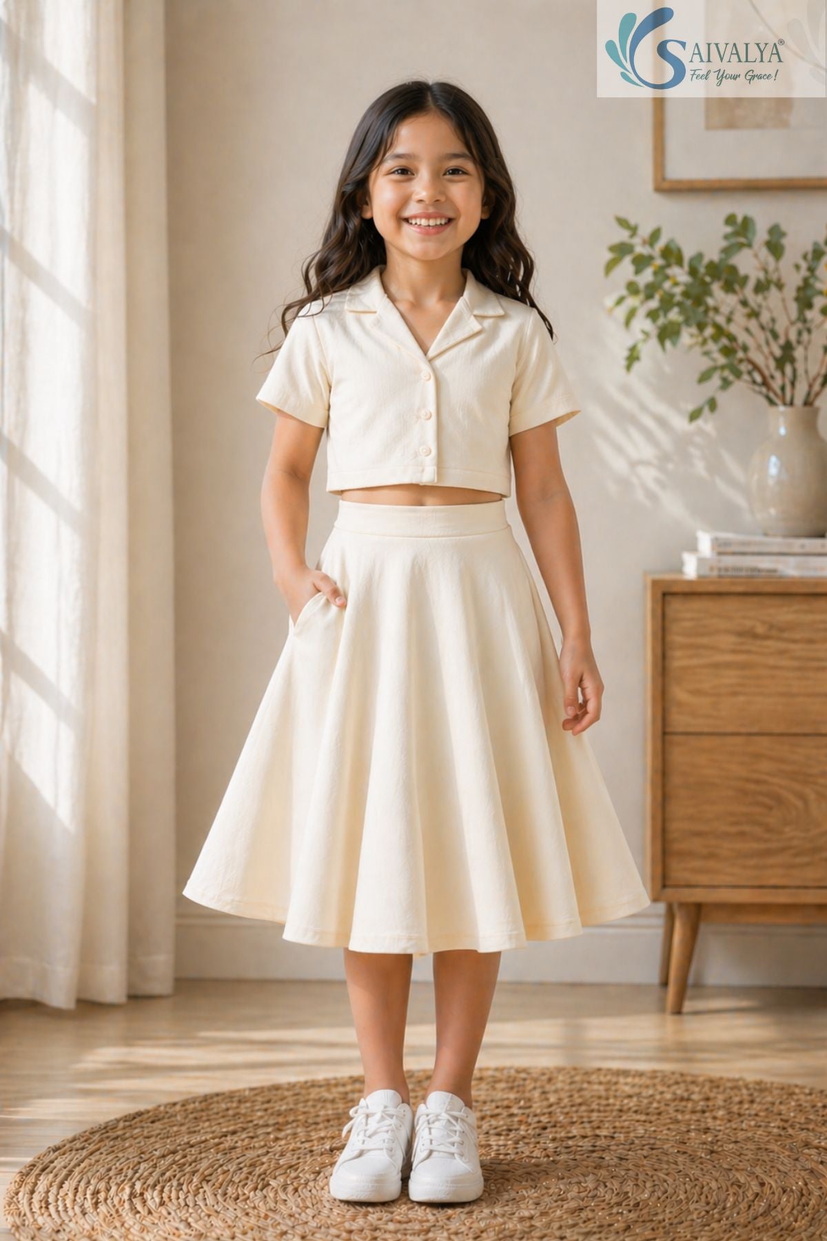 Young girl smiling with her hand in her pocket, wearing a cream Slub Cotton Co-ord set featuring a short-sleeve button-up crop shirt with a notched collar and a matching flared midi skirt.