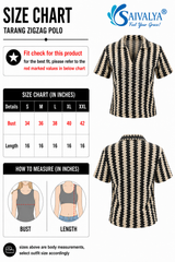 Product size chart for the Tarang Zigzag Polo, featuring a measurement table for sizes S to XXL, measurement guide diagrams for bust and length, and 3D product renders displaying the front and back views of the black and beige textured polo shirt with vertical zigzag stripes, short sleeves, and an open polo collar.